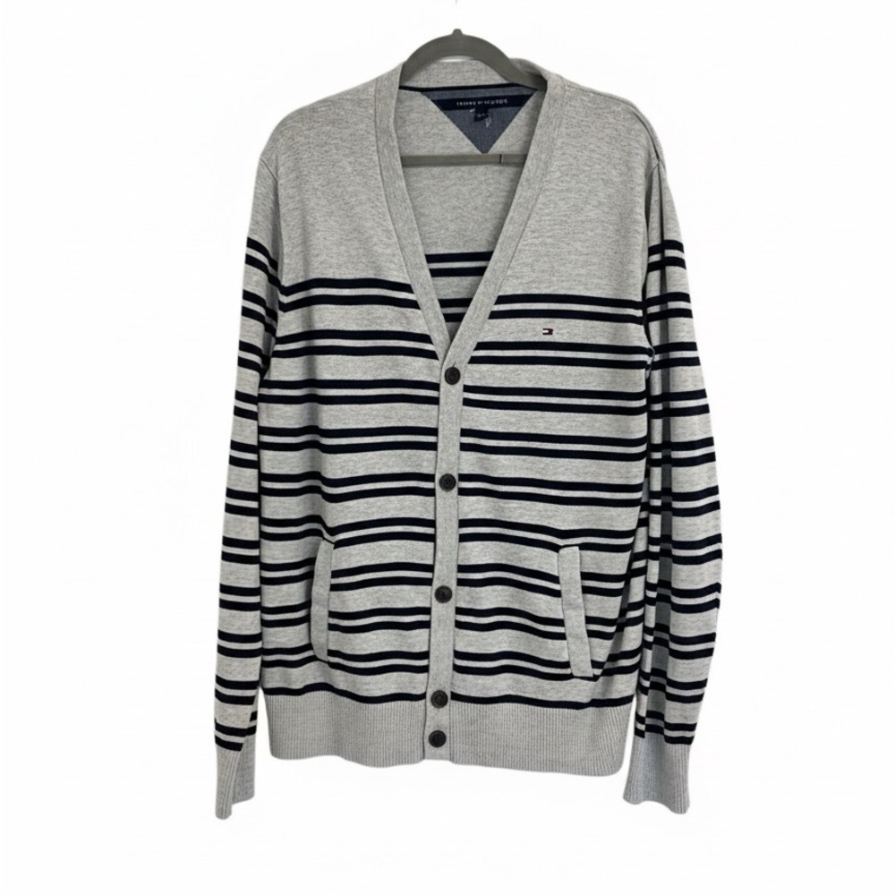 Tommy Hilfiger Men’s Striped V-Neck Cardigan  Grey Navy Size XL